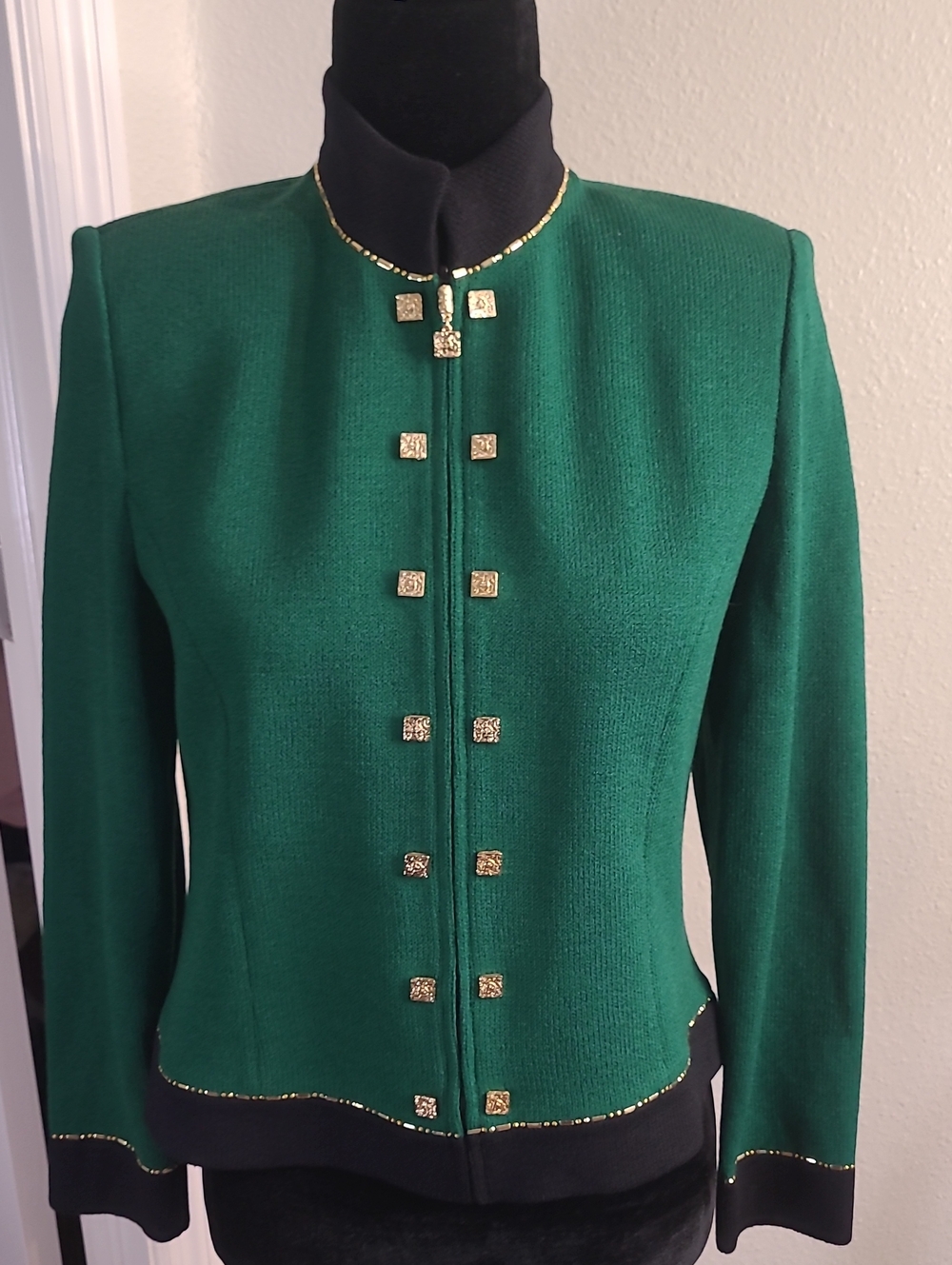 St. John Collection By Marie Emerald Green Knit Jacket with Gold Square Buttons